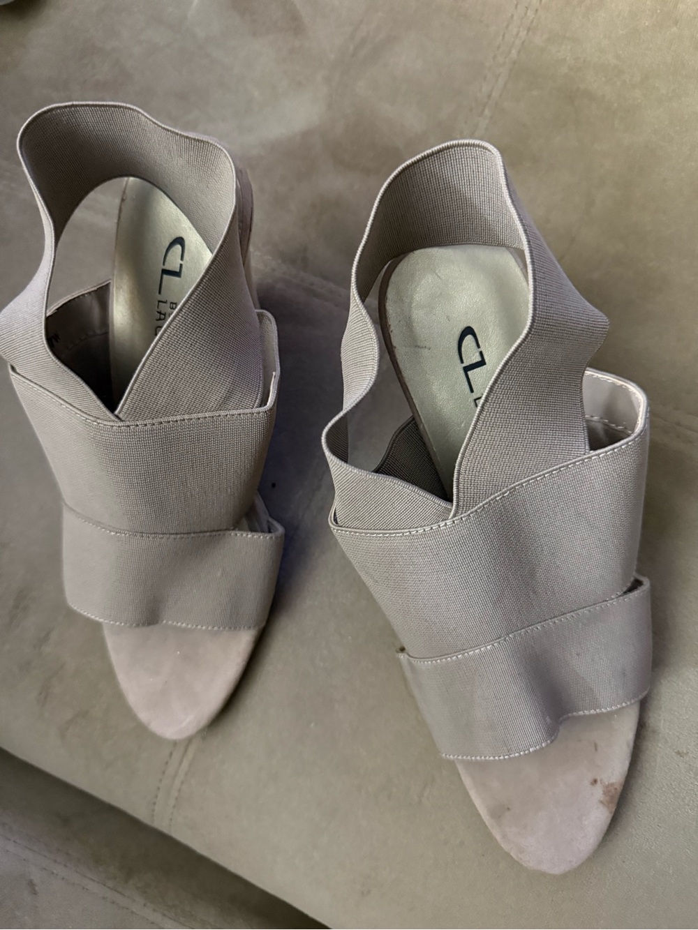 Gray Stretch Fabric Open-Toe Heels